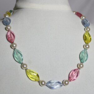 Vintage 60cm Faux Pearl and Pastel Translucent Beaded Necklace